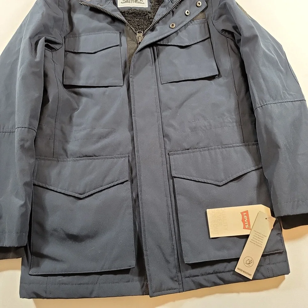 Levis Four-Pocket Hooded Jacket Mens Small Blue Fleece Lining Winter $200 NEW